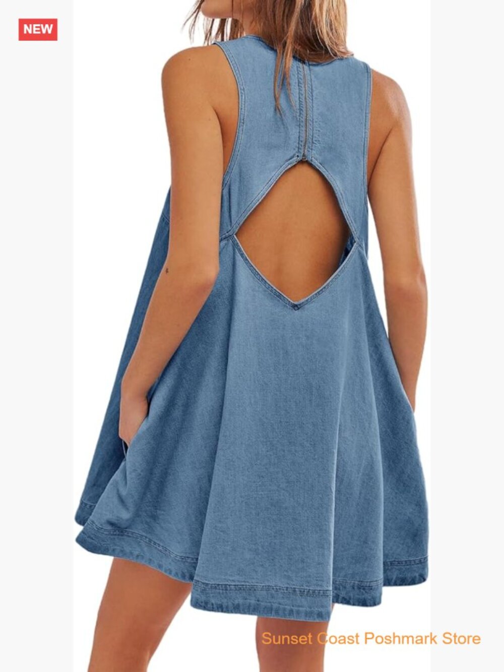 Sleeveless Denim Babydoll Dress Crewneck A-Line Mini with Pockets